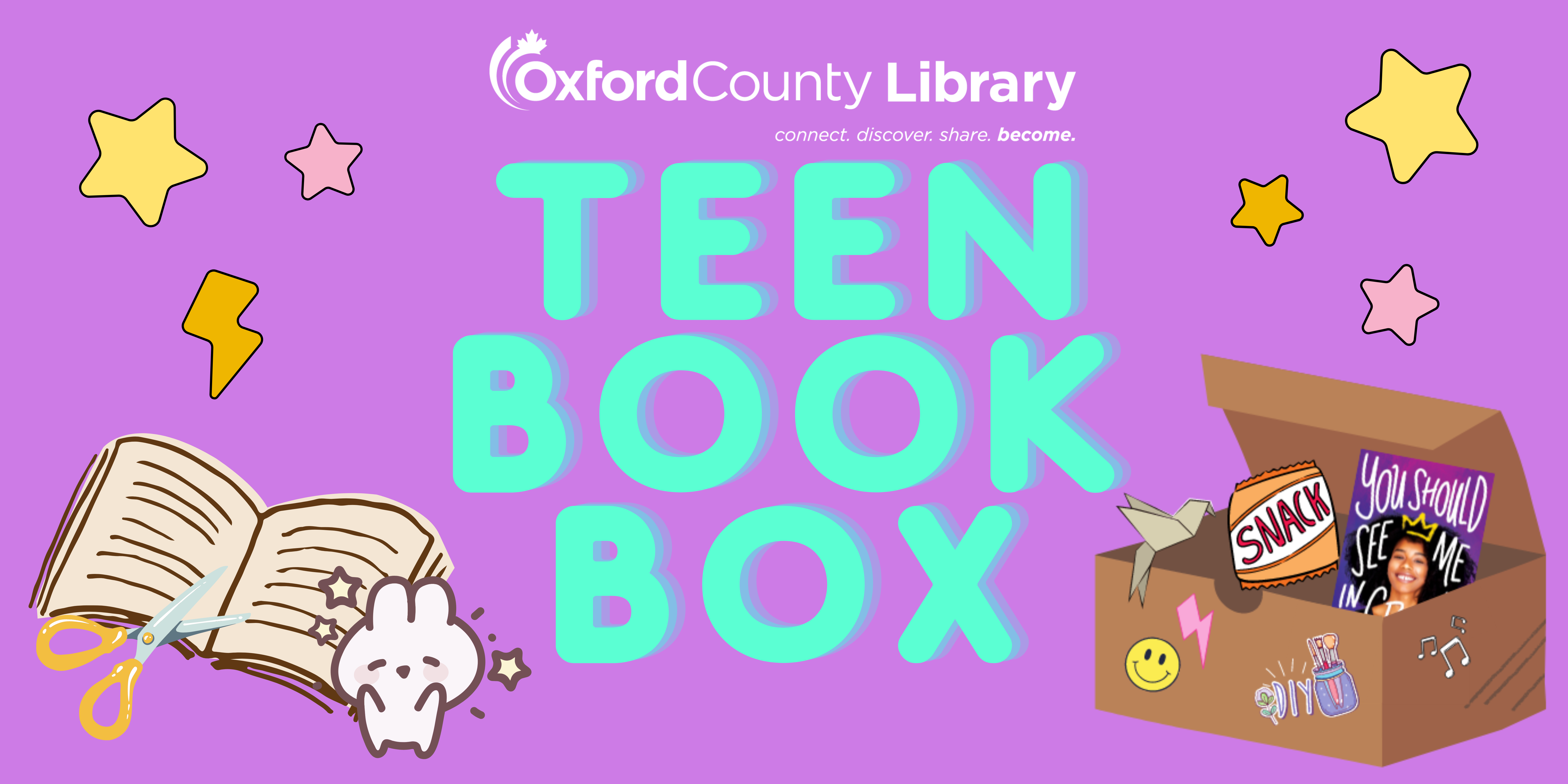 The image shows the Oxford County Library logo and branding featuring a "Teen Book Box" theme with illustrations.