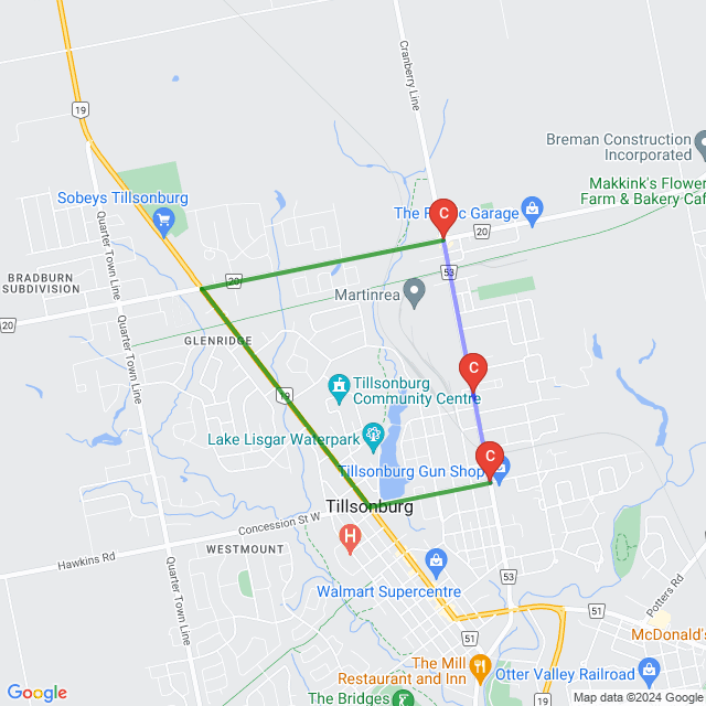 Tillson Avenue (Oxford Road 53), Tillsonburg detour map