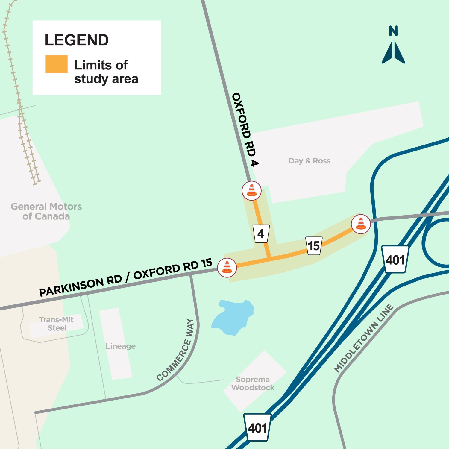 Oxford Road 4 and Oxford Road 15 (Parkinson Road) intersection, Woodstock study area map